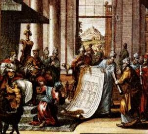 Hiram shows the plans to King Solomon